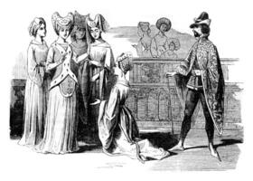 Costumes of time of Henry II, vintage engraving. photo