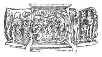 Bas-relief of an altar in the Cathedral of Oxford, vintage engraving. photo