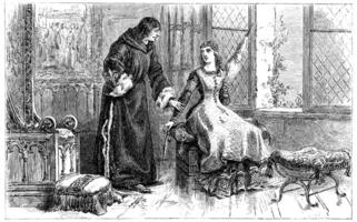 One day St. Louis, finding her sister spinning wool, vintage engraving. photo