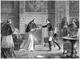 Napoleon visiting Pius VII at Fontainebleau, vintage engraving. photo