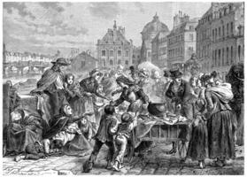 Distribution of food to the starving peasants, vintage engraving. photo