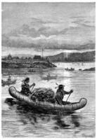 Aboard these fragile vessels that Indians are venturing, vintage engraving. photo