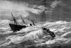 Sinking of the steamer Dieppe Valentine in the vicinity of Lizard, vintage engraving. photo