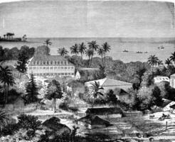tahití. gobierno palacio. cuartel de infantería de marina. casa de el ex rey, Clásico grabado. foto