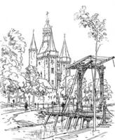 Holanda cuervo moscas. el Iglesia y el puente de mepel, Clásico grabado. foto