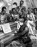 Ida Pfeiffer. Playing the piano at the court of Queen Pomare, vintage engraving. photo