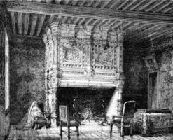 Arnay-le-Duc. Fireplace in one of the castle, vintage engraving. photo