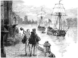 The expedition Frobisher down the Thames, vintage engraving. photo