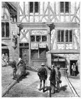 The Tour de France a small Parisian, He stopped in front of several old houses, vintage engraving. photo