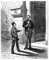 The Tour de France a small Parisian. He found himself face to face with a guard, vintage engraving. photo
