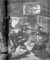 A brawl in a flophouse in London. The woman and her companions called for help. photo