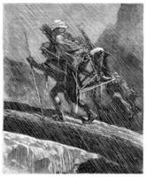 Two thousand miles across South America, He lived as a man of stone in the rain, vintage engraving. photo
