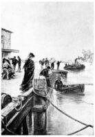 A boat was coming off of the pier, vintage engraving. photo
