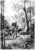 They saw a man lying at the foot of a tree, vintage engraving. photo