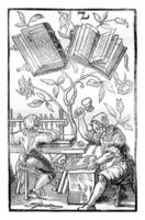 A bookbinder's workshop in the middle ages, vintage engraving. photo