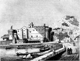 View of Chateau Neuf, in Naples, vintage engraving. photo