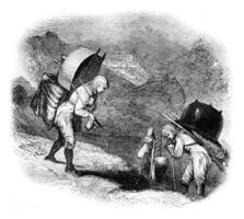 Alpine peasants returning to the village, Sketch after kind, vintage engraving. photo