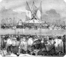 Chapter members public proclamation of Charlemagne, the Champ de Mai, vintage engraving. photo