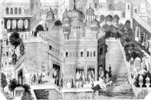 View of the golden temple, pelvis and part of the city of Amritsar in the kingdom of Lahore, vintage engraving. photo