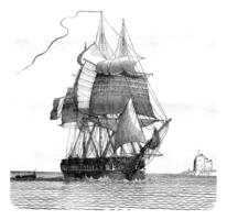 Fregate broken, viewed from starboard davit, vintage engraving. photo