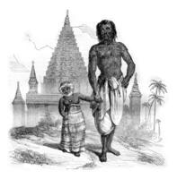 Shwe Maong, age thirty, and his daughter, senior two and a half years, vintage engraving. photo