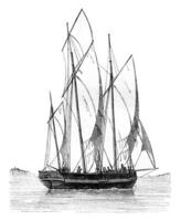 Lugger broad reach, seen by the starboard quarter, vintage engraving. photo