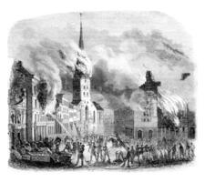 Fire of the church Saint-Pierre, in Hamburg, vintage engraving. photo