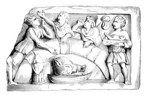 Gallic meal. D'after a relief discovered in Paris, vintage engraving. photo