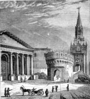 A view of Moscow, The Gate of the Trinity and exercise room, vintage engraving. photo