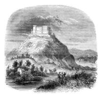 View of the fortress of Spielberg, a state prison in Moravia, vintage engraving. photo