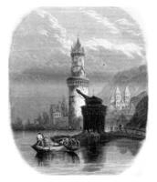 Audernach of view on the Rhine, vintage engraving. photo