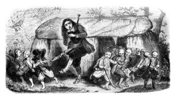 The legend of the bagpipe player, vintage engraving. photo