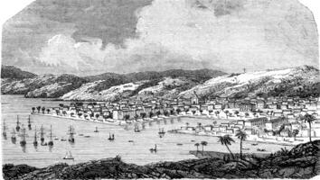 The Guadeloupe, Pointe a Pitre, capital of Grande-Terre, vintage engraving. photo