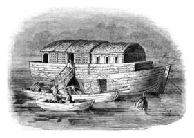 fish merchant boat, Russia, vintage engraving. photo