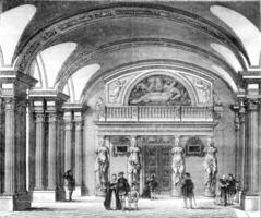 Interior view of the Hall of the Caryatids in the Louvre, vintage engraving. photo