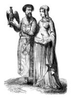 Lord and noble lady, vintage engraving. photo