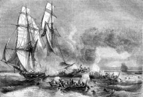 Slave ship fleeing cruisers and throwing his slaves to the sea, vintage engraving. photo