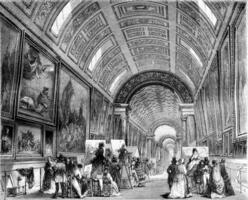 The large gallery one day study, Louvre Museum, vintage engraving. photo