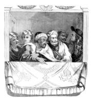 Morocco's ambassador and his officers in a box at the theater at the palace of Versailles, vintage engraving. photo