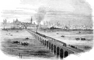 Venice Railway, Viaduct on the lagoons, in execution, vintage engraving photo