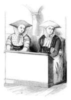 Girls in Sunday suit, vintage engraving. photo