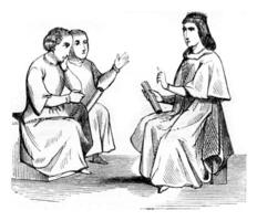 Listeners, Fourteenth century, vintage engraving. photo