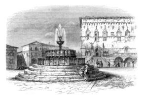 The main square of Perugia, a city of the ecclesiastical state, vintage engraving. photo