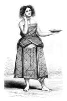Wallis islas, joven mujer vistiendo kouva, Clásico grabado. foto