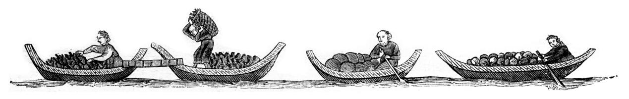 Port coal, fruits boats, vintage engraving. photo