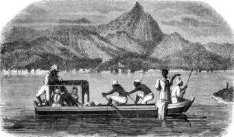 Small boat passing through Rio de Janeiro, vintage engraving. photo