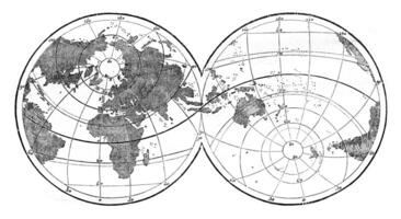 mundo mapa presentando evidencia el desigual distribución de tierra y agua en el superficie de el globo, Clásico grabado. foto