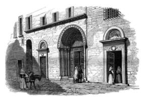 Exterior view of college Currency Exchange in Perugia, vintage engraving. photo