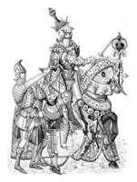 Clovis under the figure of Charles VII in military regalia, vintage engraving. photo