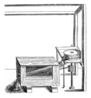 Mechanical sifter vsrs invented after 1552, vintage engraving. photo